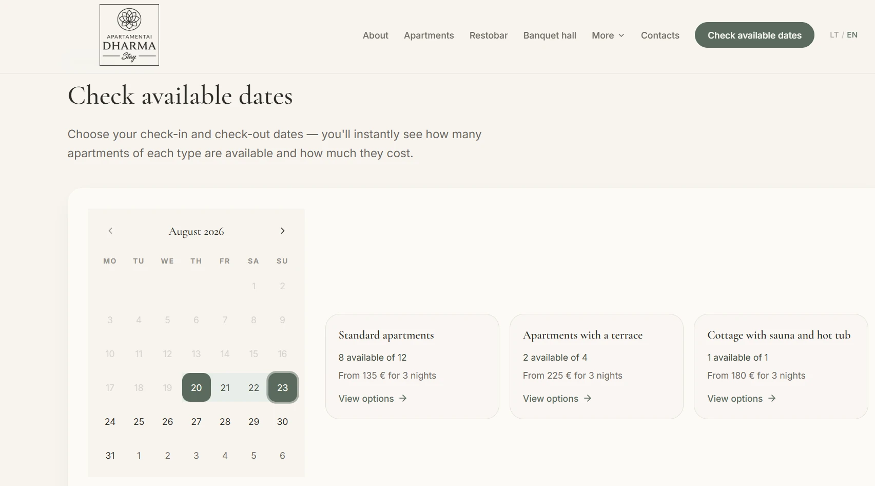 Booking website with an availability calendar for guests