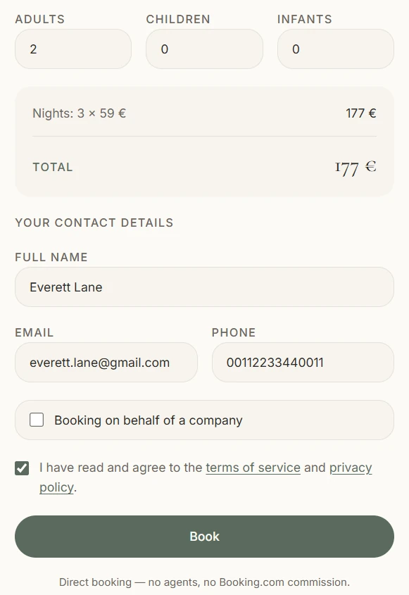 Hotel booking website room selection and checkout page