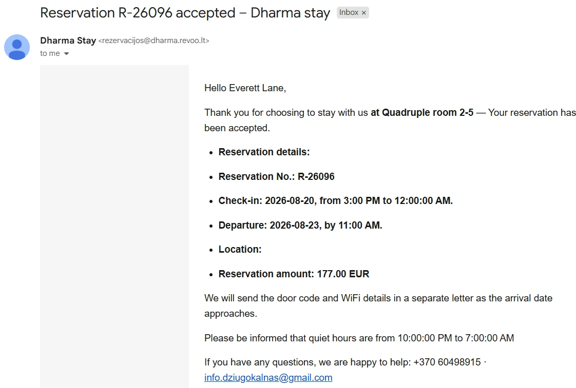 Automated email notification sent to a guest