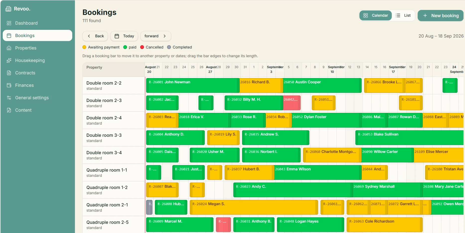 Revoo booking calendar showing reservations across units and dates
