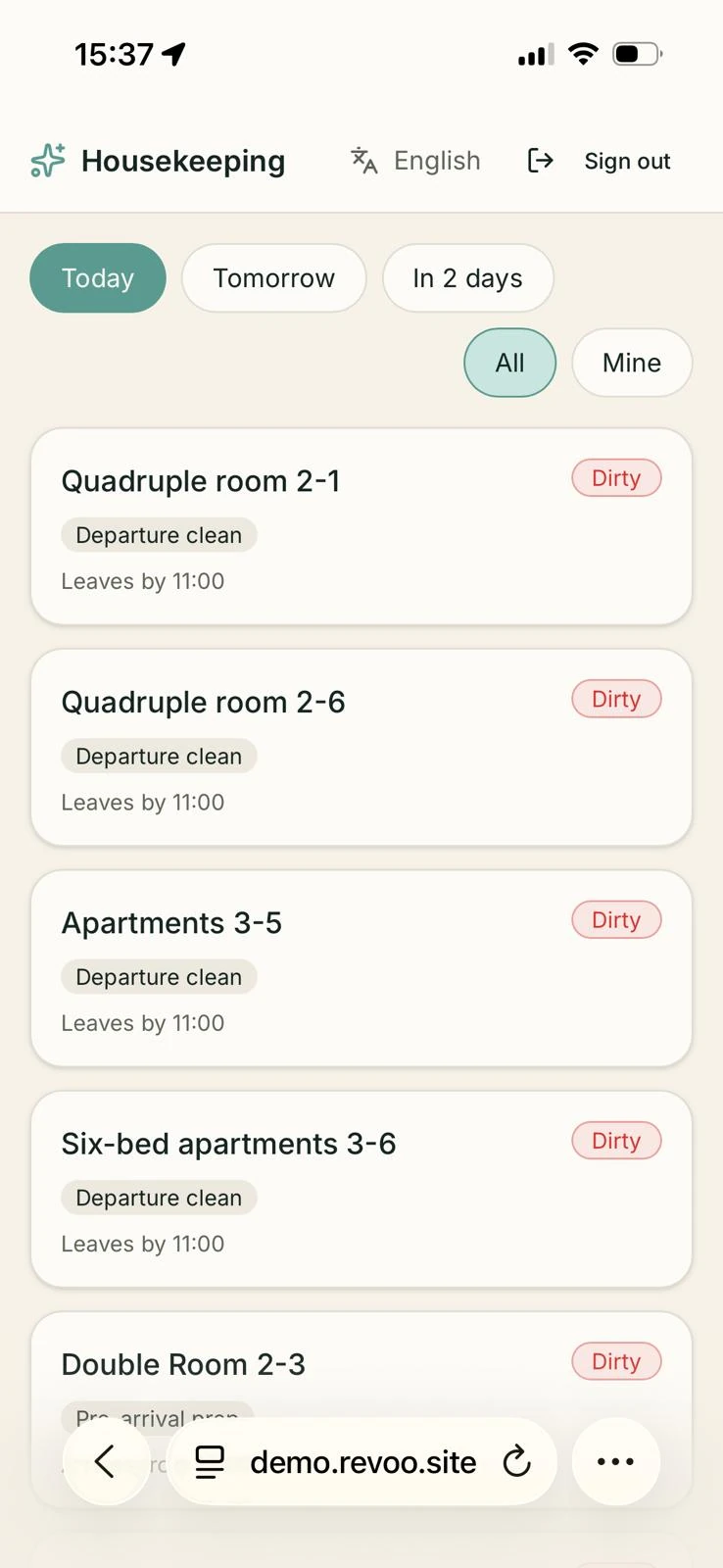 Revoo housekeeping app on a phone, showing today's rooms sorted by urgency