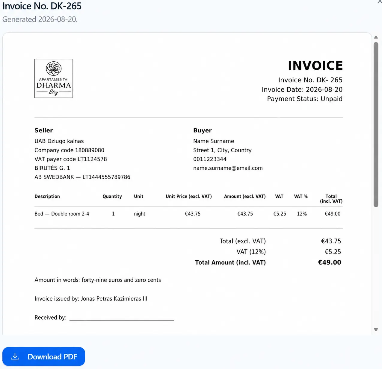 Invoice generated for a guest in Revoo